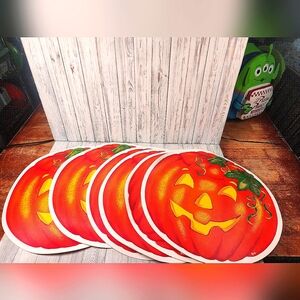Vintage Halloween 90s Vinyl Happy Pumpkin Jack O Lantern Placemats Set 6